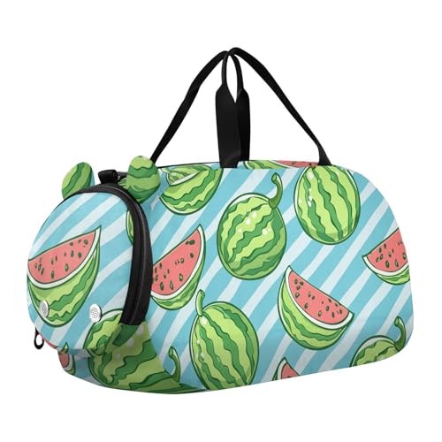 Multi Green Watermelon Light - Blaue Streifen Cartoon Stil Duffel Turnbeutel mit Schuhfach Multifunktionale Wochenendtasche für Reisen, Schwimmen, Tanz, Ballett von Amooorous