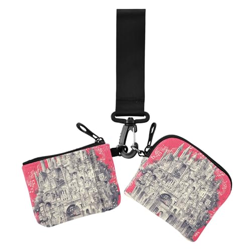 Mysterious and Fantastical Castle Music Notes Hot Pink Damen Münzgeldbörsen Kartenetuis Slim Portable Schlüsselanhänger Geldbörse Kleingeld Geldbörse mit Reißverschlusstasche für Frauen 2 Stück von Amooorous