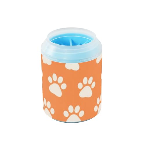 Niedliche orangefarbene Pfotenabdrücke, tragbarer Hundefußreiniger-Becher mit Silikonbürste, weiche Füße, Reinigungsmaschine für Hunde und Katzen, Zubehör von Amooorous