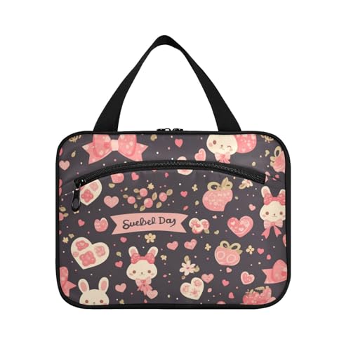 Niedliche rosa Hasen-Schleife zum Aufhängen für Frauen mit Haken, Designer-Essentials, gesteppte Make-up-Tasche für Reisezubehör für Frauen, Arbeit, estuche para guardar maquillaje L von Amooorous