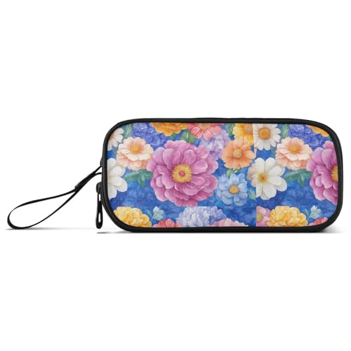 Ölgemälde mit Retro-Blumen in Blau, Nylon-Federmäppchen für Teenager, großes Fassungsvermögen, Federmäppchen für Kinder, Schreibwarentasche für Mittelschule von Amooorous