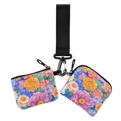 Ölgemälde mit Retro-Blumen in Blau, doppelte Handgelenktaschen für Frauen, klein, tragbar, Visitenkartenetui, Geldorganizer mit Handgelenkschlaufe für den täglichen Gebrauch, 2 Packungen, Ölgemälde von Amooorous