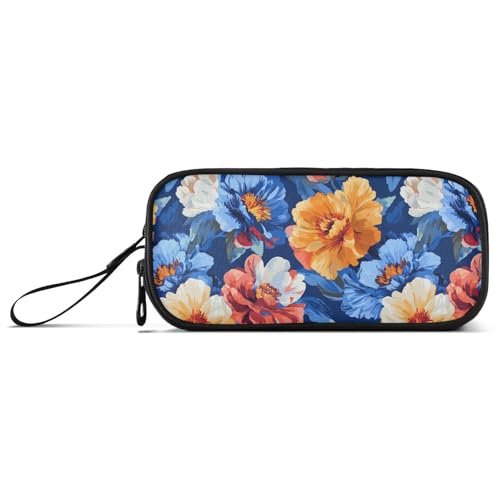 Ölgemälde mit Retro-Blumen in Blau Nylon Federmäppchen Schule Große Kapazität Reißverschluss Federmäppchen Schreibwaren für Schule Männer von Amooorous
