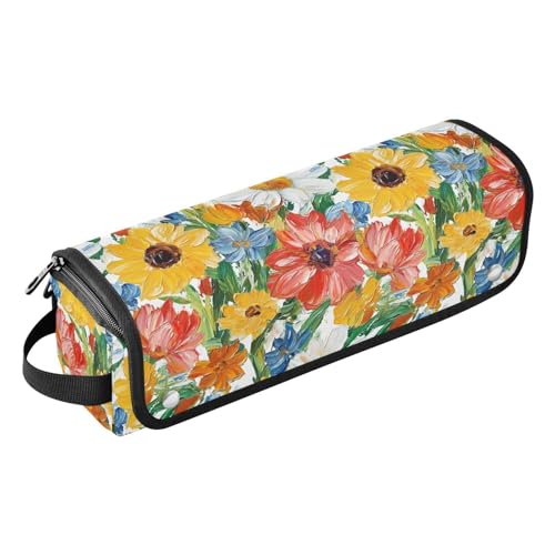 Ölgemälde mit bunten Blumen, Haar-Werkzeug-Reisetasche für Damen, mit hitzebeständigem Pad, wasserdicht, tragbar, offen, flache Reisetasche für Glätteisen, heiße Werkzeuge und Haarpflege-Zubehör von Amooorous