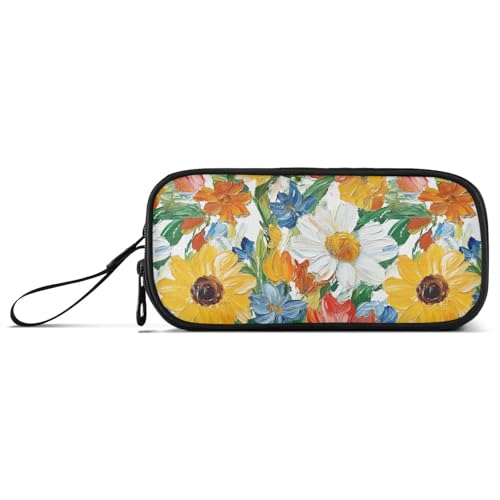 Ölgemälde mit bunten Blumen, Nylon-Federmäppchen mit Griff, hohe Kapazität, großer Reißverschluss, Federmäppchen, Schreibwaren für Schule und Kinder von Amooorous