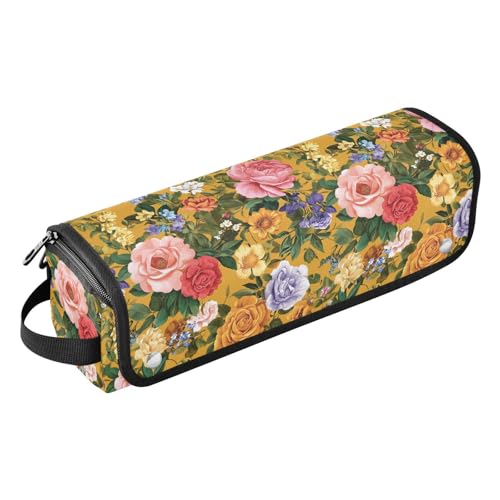 Ölgemälde mit bunten Retro-Blumen, 2-in-1-Lockenstab-Reiseetui mit Eisenmatte, tragbare Reise-Tragetasche für Lockenstab Glätteisen, flacher Haartrockner, Damen-Essentials Aufbewahrung von Amooorous