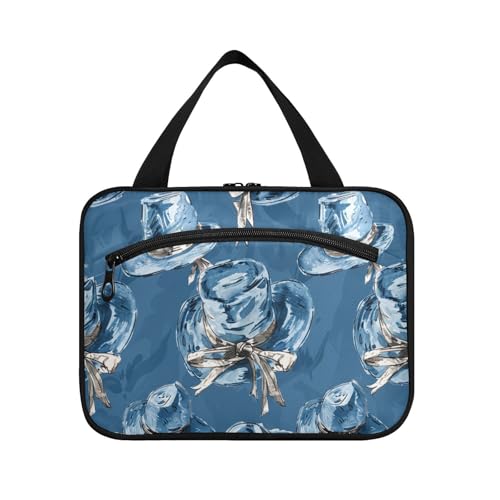 Ölgemälde mit eleganter blauer Schleife, Hut, hängende Reise-Kulturbeutel, Herren, mit Haken, Designer-Kulturbeutel, faltbar, Make-up-Kosmetiktasche für Damen, Toiletten-Set de para Mujer L von Amooorous