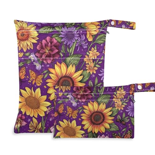 Ölgemälde mit gelben Retro-Sonnenblumen, waschbar, Nass-Trockenbeutel, 2 Stück, Reiseutensilien für Babys, mit Griffen für Pool, Yoga von Amooorous