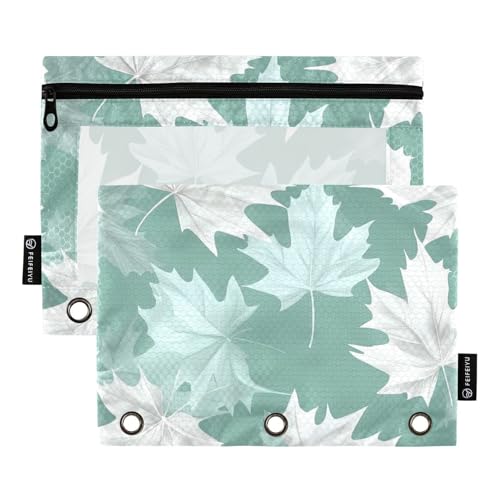 Ordner mit Reißverschluss und transparentem Fenster, Ahornblätter, Mintgrünes Muster, weiches Federmäppchen mit Reißverschluss, verstärkte Ösen, Taschen, 3-fach gelocht, für Büro, Schulbedarf von Amooorous