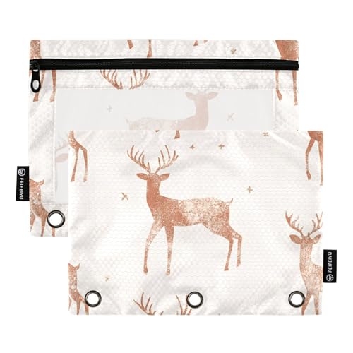 Ordner mit transparentem Fenster, Rotgold, Weihnachts-Hirsch, große Kapazität, 3 Ringe, Federmäppchen zur Aufbewahrung von Schulstudenten, Lehrerbedarf, mehrfarbig, 2 Stück von Amooorous