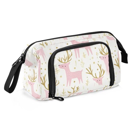 Pfirsichgold Weihnachten Elch Federmäppchen Große Kapazität Weiches Federmäppchen Leichte Federmäppchen mit Reißverschluss für College Student Büro von Amooorous