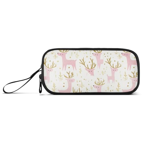Pfirsichgold Weihnachten Elch Nylon Federmäppchen für Studenten Große Kapazität Reißverschluss Federmäppchen Schule Schreibwaren für Mittelschule Erwachsene von Amooorous