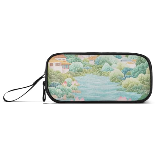 Pfirsichgrüne chinesische Landschaft Blume Nylon Federmäppchen für Mädchen Große Kapazität Reißverschluss Federmäppchen Schule Schreibwaren für adrette Schule Preppy von Amooorous