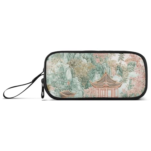 Pfirsichgrüne chinesische Landschaft Nylon große Kapazität Federmäppchen mit Reißverschluss Schule Schreibwaren für High School Man von Amooorous