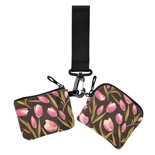Pink Tulipa Green Leaves Flat Illustration Style Dual Coin Purse Credit Card Holder Wallet Compact Size ID Card Protector with Zipper Coin Pocket for Ladies 2 Packs, Rosa Tulpe grüne Blätter flache von Amooorous