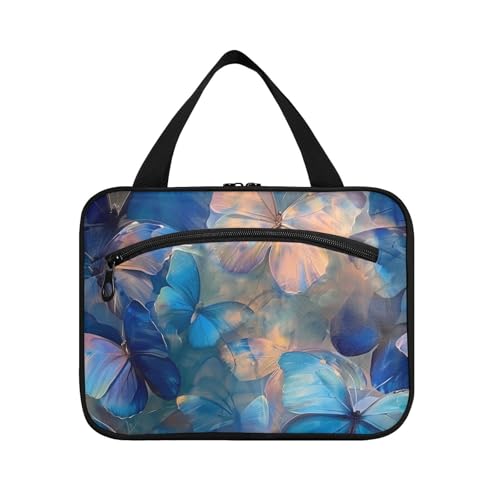 Psychedelic Blue Butterfly hängende Make-up-Reisetasche mit Haken, Designer wasserdichte Pinseltasche für Frauen, Reisen, Badezimmer, Estuche para maquillaje L von Amooorous