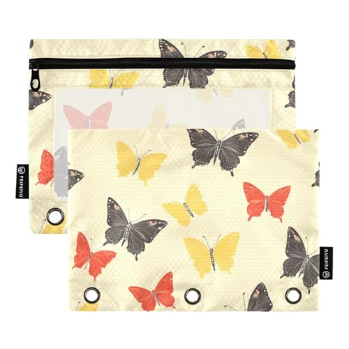 Pull 3 Ringe mit klarem Fenster bunten Schmetterling Reißverschluss Stifttasche in gemischten Farben Kleber 3 Ringe für Schule, Büro und Zuhause mehrfarbig 2 Stück von Amooorous