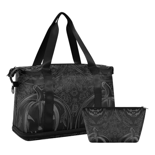Pure Black Evil Halloween Kürbis Übernachtung Reise Seesack Reise Übernachtung Handgepäcktasche mit verstellbarem Riemen für Trekking Wasserdicht Pure Black Evil Halloween Kürbis, 1 Größe, Purer von Amooorous