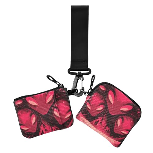 Red Aliens Science Fiction Mysterious Damen Dual Wallets Visitenkartenetuis klein tragbar Damen Geld Organizer mit Schlüsselanhänger für Frauen 2 Stück, red Aliens Science Fiction Mystery, 1 size von Amooorous
