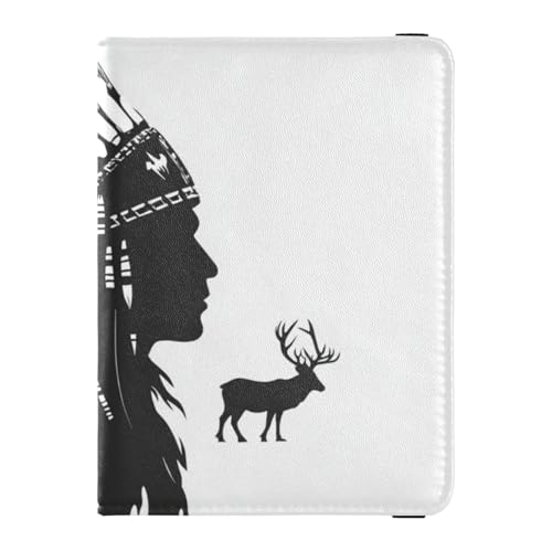 Reisepasshülle aus schwarzem Leder, Motiv: Western-Cowboy, indischer Kopfschmuck, Tribal-Hirsch, dekoratives Reisepassetui für Reisen, für Frauen, Kombi, leicht, Western Cowboy Indianer Kopfschmuck von Amooorous