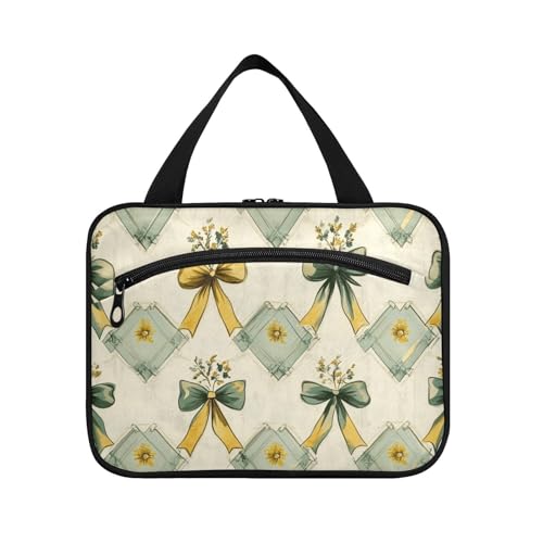 Reisetasche für Herren, Vintage-Stil, gelbe Schleifen, Blumen, grüne Formen, zum Aufhängen, Kulturbeutel mit Haken, multifunktionale Designer-Bürstentasche für Damen, Rucksackreisen, Größe L von Amooorous