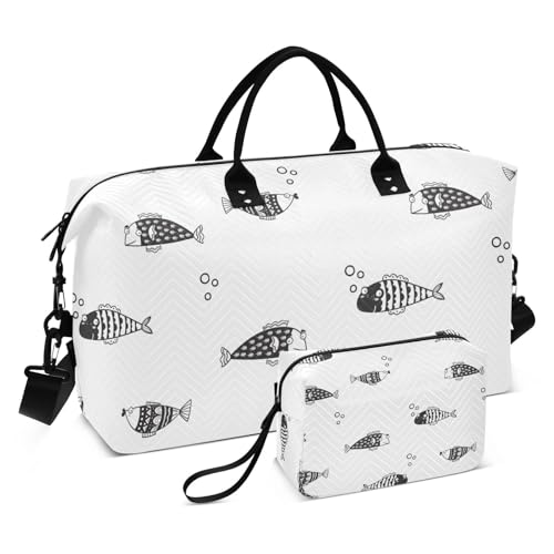 Reisetasche mit Cartoon-Fisch-Motiv, Reisetasche, Wochenendtasche, Reisetasche, Turnbeutel mit Kulturbeutel für Fitnessstudio, faltbar, Schwarz und Weiß, Schwarz-weißer Cartoon-Fisch, 1 size von Amooorous
