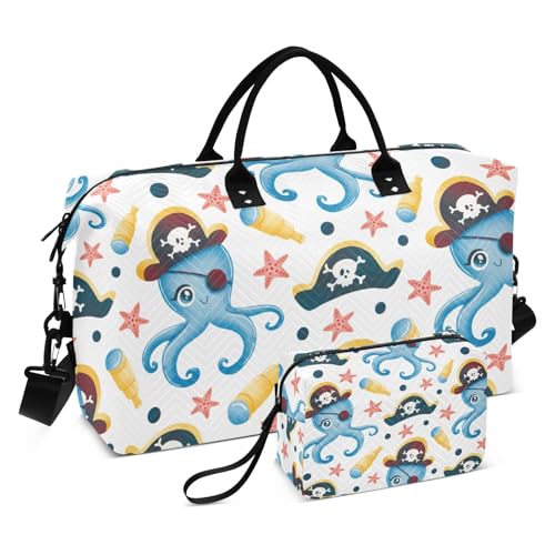 Reisetasche mit Cartoon-Motiv, Motiv: Piraten-Tiere, Meer, großes Fassungsvermögen, Schultertasche, Wochenende, Tragetasche mit Kulturbeutel, für Trekking, Blau, Cartoon-Blaues Piraten-Tiermeer, 1 von Amooorous