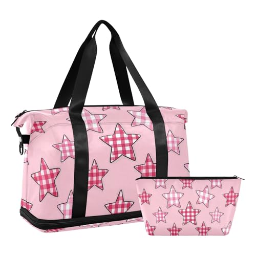 Reisetasche mit Karomuster, kariert, Stern-Design, Schultertasche, Wochenendtasche, Übernachtungstasche, mit verstellbarem Riemen, für Reisen, wasserdicht, Kariertes Karomuster mit Karomuster, 1 size von Amooorous