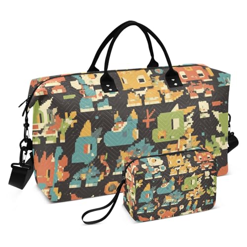 Reisetasche mit niedlichem Dinosaurier-Motiv, Cartoon-Motiv, für Reisen, Übernachtung, Handgepäcktasche, großer Turnbeutel mit Kulturbeutel für Trekking, 2-teiliges Set, Niedlicher Cartoon-Dinosaurier von Amooorous