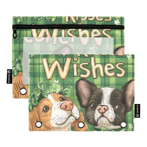 Reißverschluss-Mappe mit transparentem Fenster, Motiv: St. Patrick Kisses Wishes niedlicher Cartoon-Hund, mit Reißverschluss, transparentes Fenster und Ösen, 3-fach gelochte Ordner zur Aufbewahrung von Amooorous