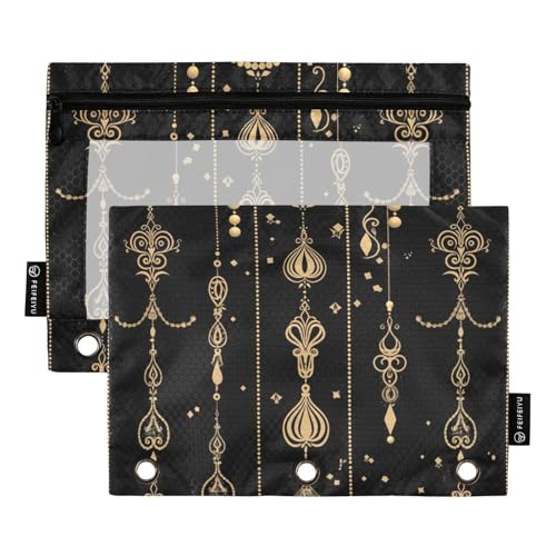 Reißverschluss mit klarem Fenster schwarz Goldkette Stoff Stifttasche große Kapazität 3 Ringe Bindertasche für Lagerung Schule Bürobedarf mehrfarbig 2 Stück von Amooorous