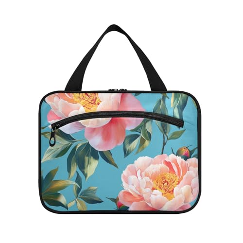 Retro Pfingstrosen Blume blau und rosa Hängeset für Reisen mit Haken, tragbare Designer-Make-up-Tasche für Damen, Toilette, Bolsas de Maquillaje para Mujer L von Amooorous