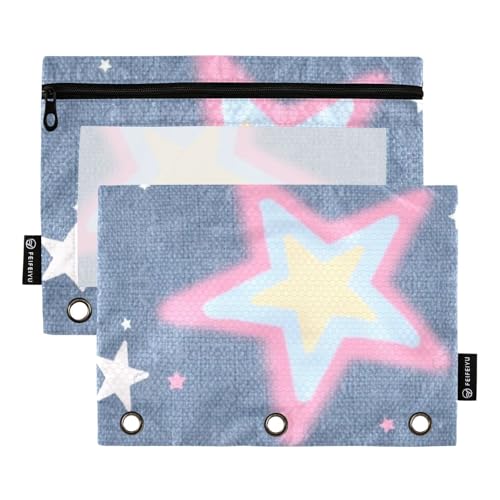 Ringbuch mit transparentem Fenster, Denim-Druck, bunte Sterne, Federmäppchen mit Reißverschluss, verstärkte Ösen, Ordner, 3 Ringe, für Schule, Büro und Zuhause, mehrfarbig, 2 Stück von Amooorous