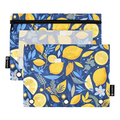 Ringbuch mit transparentem Fenster, blau und gelb, Sommer-Federmäppchen mit Reißverschluss, verstärkte Ösen, 3 Ringe, Federmäppchen zur Aufbewahrung von Schul- und Bürobedarf, mehrfarbig, 2 Stück von Amooorous