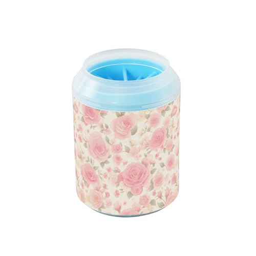 Romantische rosa Rosenblüten, tragbarer Pfotenreiniger-Becher mit weicher Massagebürste, Haustierzubehör und Zubehör für kleine, mittelgroße Hunde und Katzen, Zubehör für kleine und mittelgroße Hunde von Amooorous
