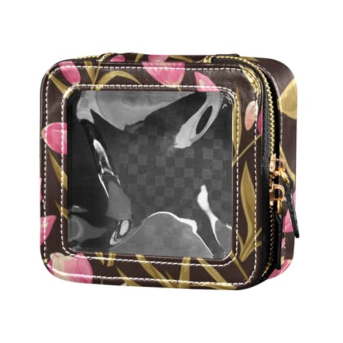 Rosafarbene Tulipa-grüne Blätter, flache Illustrationsstil, Leder-Organizer-Tasche, wasserdichte Reise-Kulturbeutel, Reise-Kosmetiktasche zum Fliegen von Amooorous