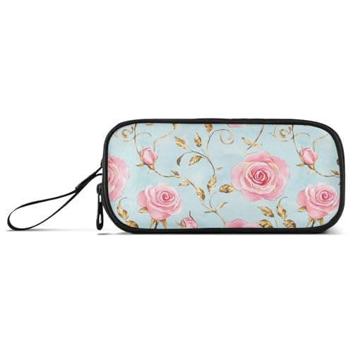Roses Golden Leaves Pastell Retro Nylon Pencil Bags for Teen Girls Large Capacity Zipper Mesh Pencil Case School Stationery for College Man von Amooorous