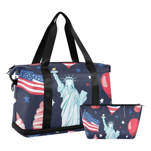 Rot und Blau American Ballon Lady Liberty Sport Turnbeutel Wochenendtasche mit Kulturbeutel Trekking 2er Set, Red & Blue American Ballon Lady Liberty, 1 Size, Roter und blauer amerikanischer Lady von Amooorous