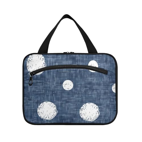 Runde weiße Punkte auf Denim-blauem Hintergrund, hängende Make-up-Reisetasche mit Haken, Designer-Make-up-Tasche für Damen, Reiseorganisator de maquillaje para L von Amooorous