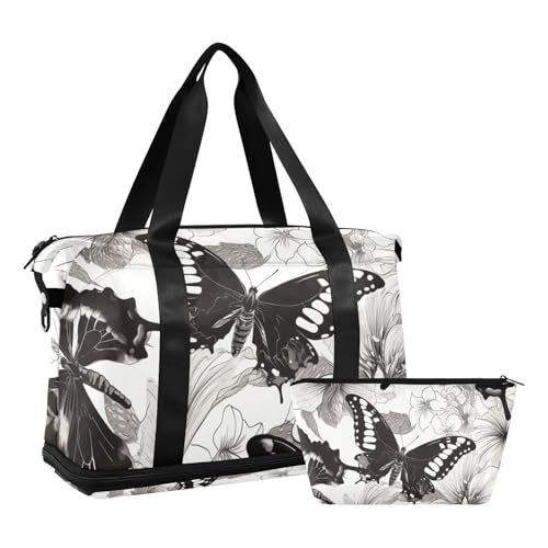 Schwarz und Weiß Schmetterling Überdimensionale Reisetasche Wochenendtasche mit Kosmetiktasche für Turnbeutel 2er Set, Schwarz-Weiß-Schmetter,1 Size, Schwarz-Weißer Schmetterling, 1 size von Amooorous