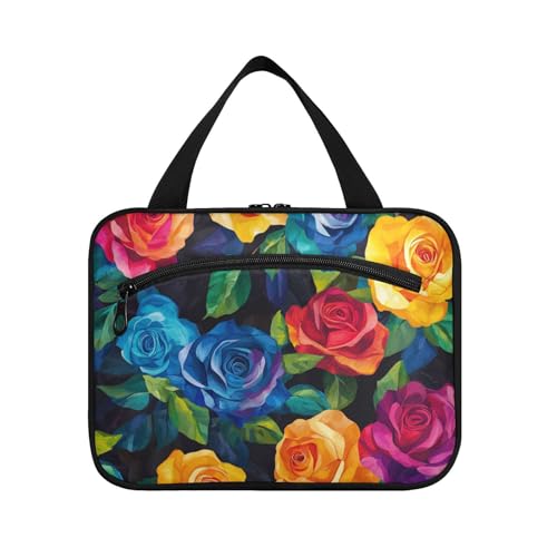 Schwarze Make-up-Tasche mit lebhaften bunten Rosen zum Aufhängen, mit Haken, Designer-Make-up-Tasche mit großem Fassungsvermögen, für Reisen, für Damen, Hotel, Bolso de para Mujer L von Amooorous