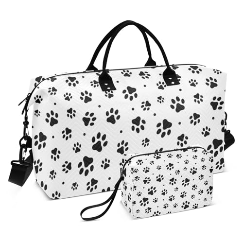 Schwarze Reisetasche mit Katzenpfotenabdrücken, für persönliche Gegenstände, Fitnessstudio, Sport, Tragetasche mit verstellbarem Gurt, für Trekking, wasserdicht, Schwarze Katzenpfotenabdrücke, 1 size von Amooorous