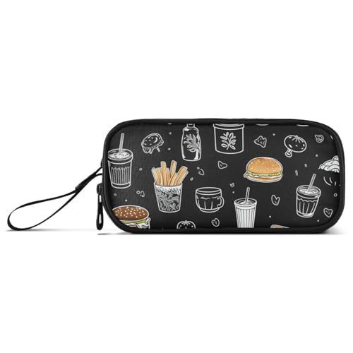 Schwarze und weiße Burger-Pommes-Getränke-Nylon-Federmäppchen mit Reißverschluss, großes Fassungsvermögen, Federmäppchen, Schreibwaren-Organizer für High-School-Frauen von Amooorous