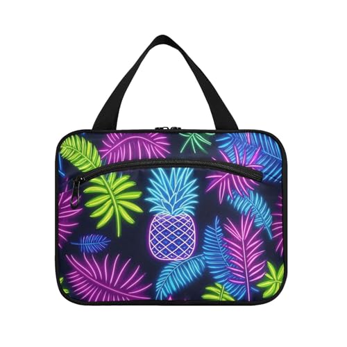 Sommer-Reise-Kulturbeutel mit Haken, neonfarbene Ananasblätter, Designer-Tasche für Toilettenartikel für Damen, Reiseorganisator de maquillaje para L von Amooorous