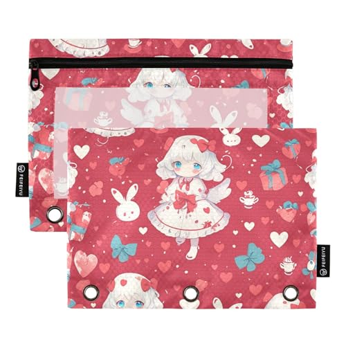 Stifttaschen 3 Ringe mit klarem Fenster Cartoon niedlich rot und weiß Puppe Kaninchen Stoff Federmäppchen große und robuste Binde 3 Ringe für Bürobedarf mehrfarbig 2 Stück von Amooorous