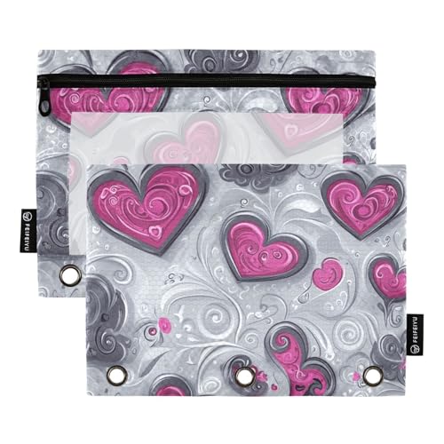 Stifttaschen 3 Ringe mit klarem Fenster grau lila Valentinstag romantische Liebe weiche Bleistifttasche mit Reißverschluss verstärkte Ösen 3 Ringe Reißverschluss für die Aufbewahrung Schule Bürobedarf von Amooorous