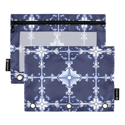 Stifttaschen Kinder mit klarem Fenster Marineblau Vintage Kreuz Blumen große Bleistifttaschen durchscheinende Fenster und Ösen Zoll Ordnung 3 Ringe Schulklasse Büro Veranstalter mehrfarbig 2 Stück von Amooorous