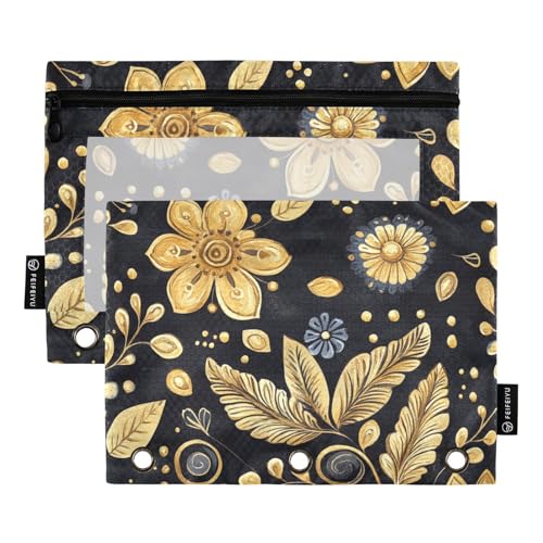 Stifttaschen Kinder mit klarem Fenster schwarz und gold Vintage Blumen Stoff Federmäppchen in gemischten Farben Binder 3 Ringe für die Lagerung Schule Bürobedarf mehrfarbig 2 Stück von Amooorous