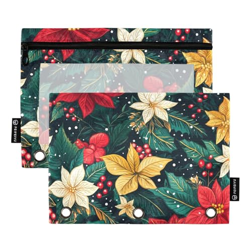 Stifttaschen für Kinder mit klarem Fenster Weihnachten Blumenmuster gemischt große Federmäppchen groß und robust 3 Löcher gestanzte Ordner für Büro Schulbedarf Kosmetik mehrfarbig 2 Stück von Amooorous