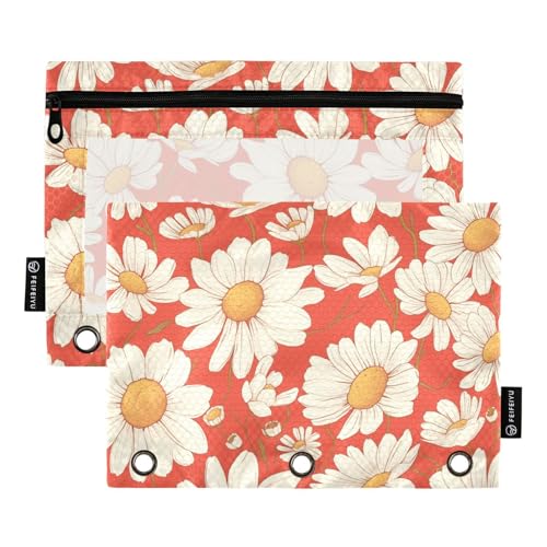 Stifttaschen für Kinder mit klarem Fenster rote und weiße Gänseblümchen große Stifttaschen große und robuste 3 Ringe Reißverschluss für Büro Schulbedarf Kosmetik mehrfarbig 2 Stück von Amooorous